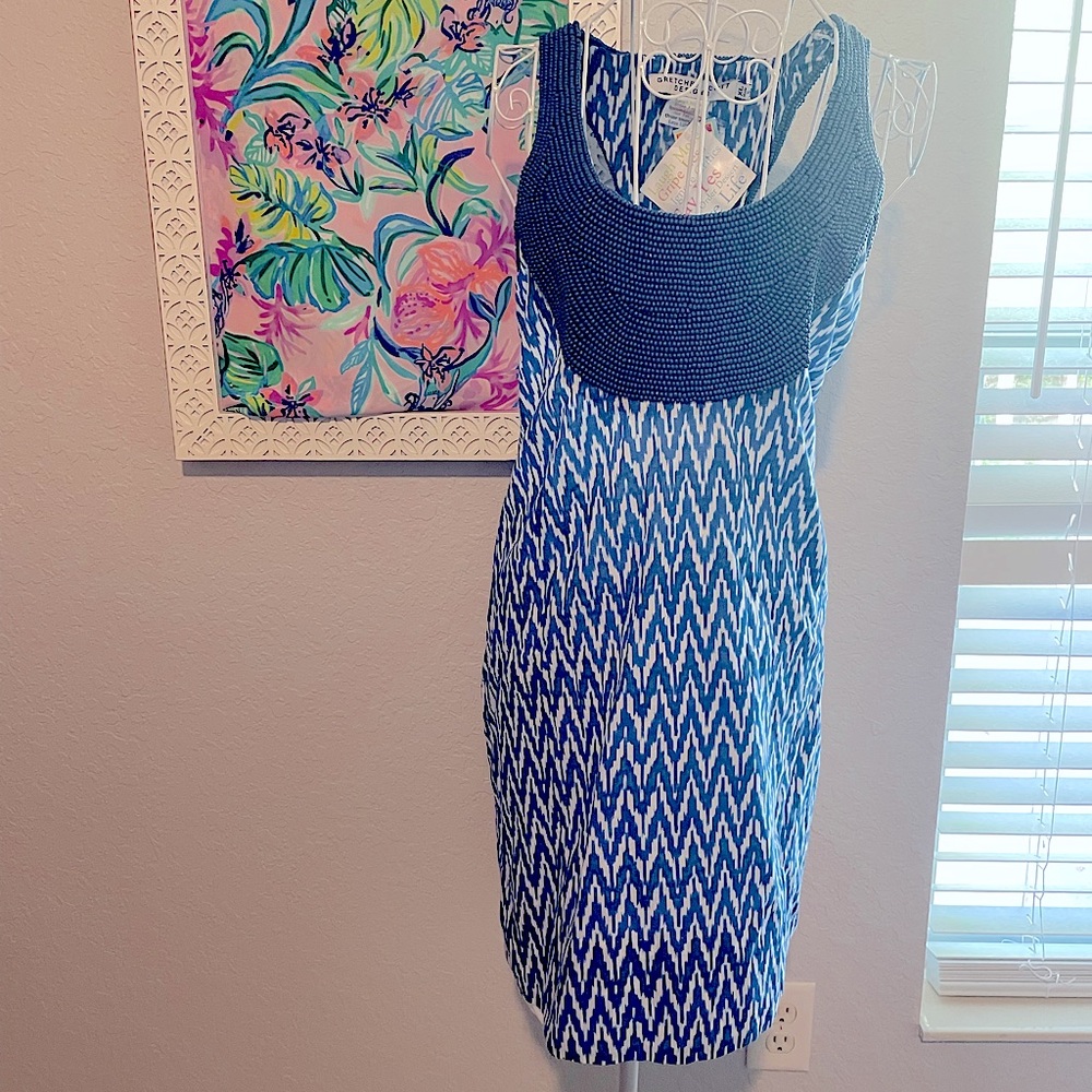 NWT Gretchen Scott designs Blue Beaded Yoke Sleeveless Ikat Print Sheath Dress